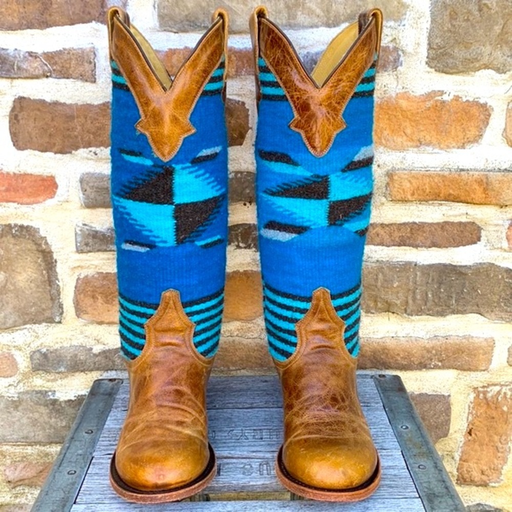 Sold STETSON Serape Blanket Aztec Blue Brown Knee High Western Cowgirl Boots - Picture 6 of 11